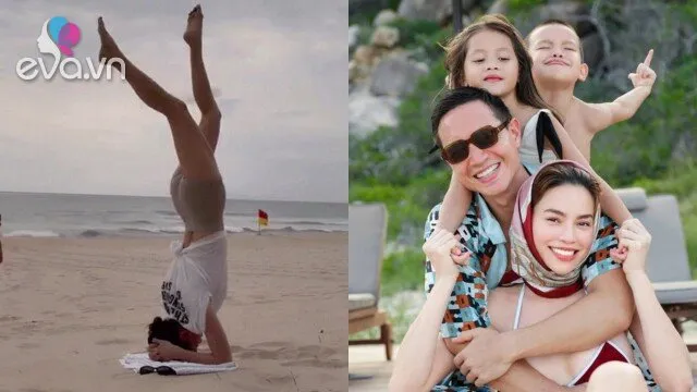 Hồ Ngọc Hà tranh thủ luyện động tác yoga "khó nhằn" khi đưa con đi biển